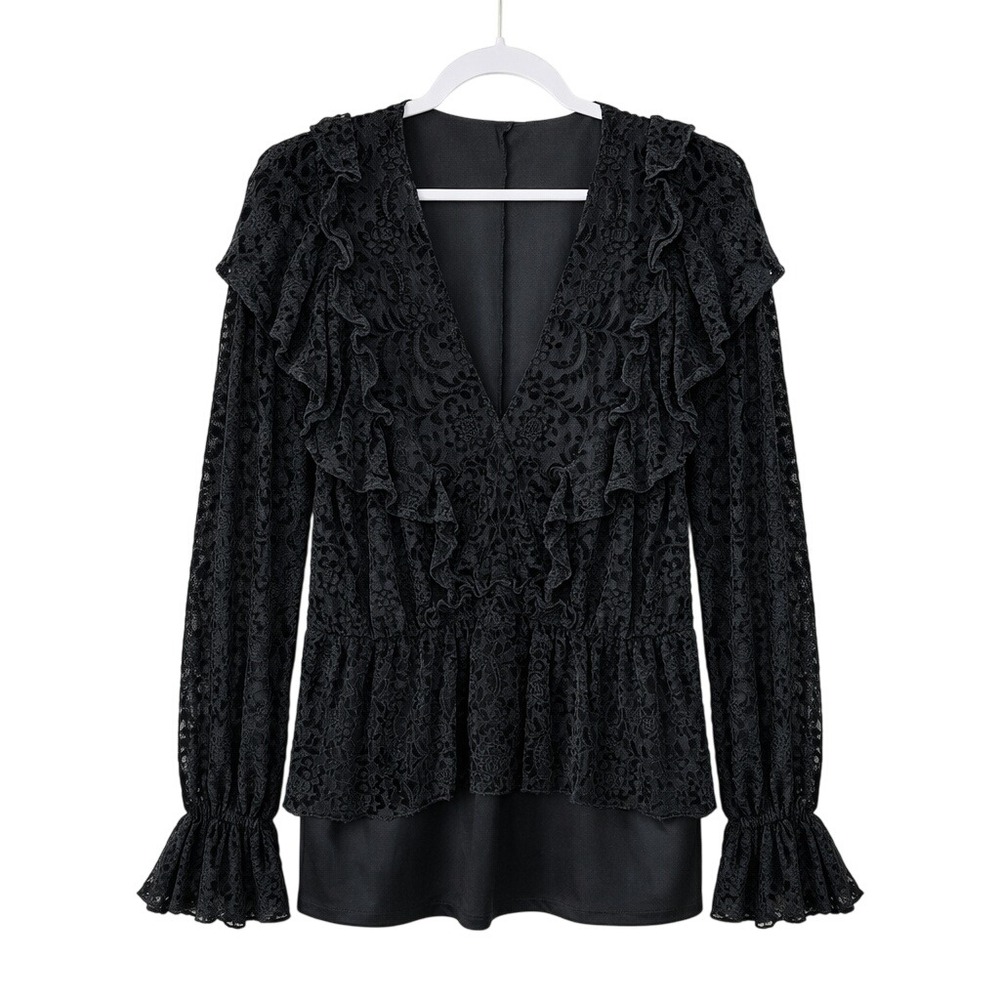 Black Lace Ruffle Peplum Top S/M Whimsigoth Romantic Goth Dark Victorian Witchy
